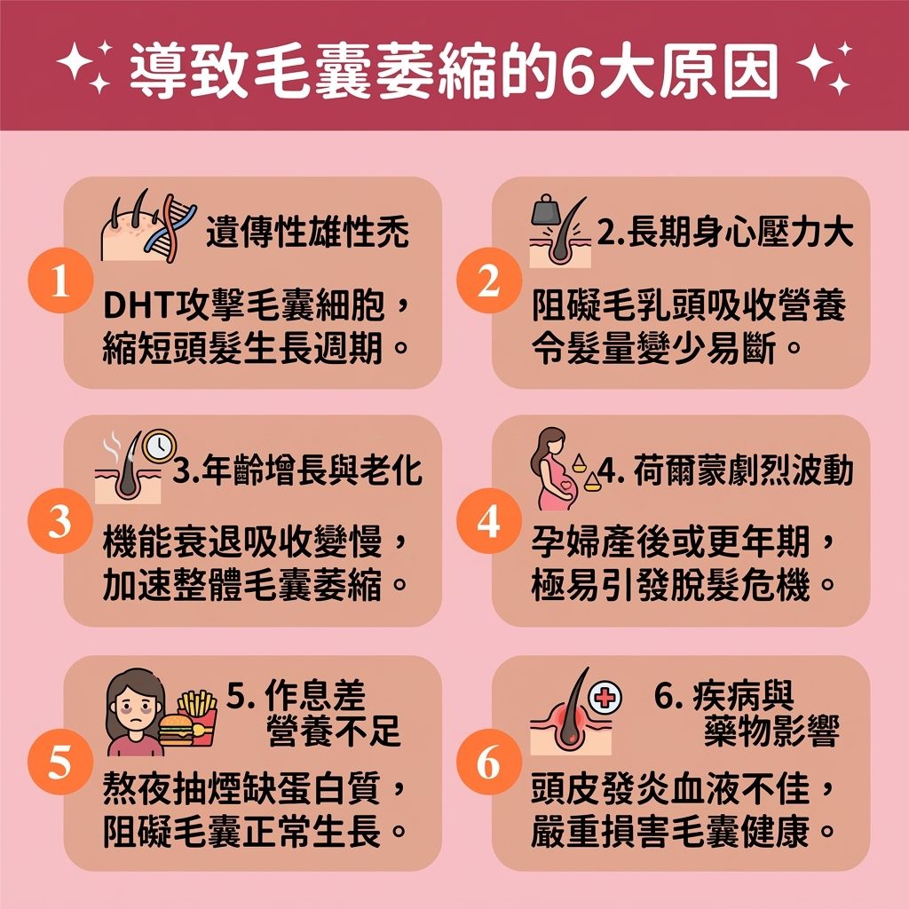 這是一張 1:1 正方形的可愛醫美資訊圖表，主題是【檢測毛囊健康】與【預防脫髮方法】。插畫展示了導致【毛囊】萎縮的原因。圖中解說【遺傳】因素如何讓體內的【雙氫睪酮】攻擊【毛乳頭】，引發【雄性禿】與異常【脫髮】。疾病或【荷爾蒙】波動，會令頭髮提早進入【休止期】，縮短【生長期】，導致【改善髮線後移】變得困難。

為【解決異常掉髮】與【延緩毛囊萎縮】，必須【調理頭皮健康】及【改善頭皮環境】。若【皮脂腺】分泌過多【油脂】堵塞【毛孔】，需【深層清潔毛孔】與【控制頭皮出油】。日常應攝取足夠的【蛋白質】與【角蛋白】，以【補充毛囊營養】及提供【營養】。

此外，透過【促進血液循環】與維持良好的【血液循環】，能保護【頭皮】的【微絲血管】。圖表建議尋求【專業生髮療程】，例如使用【激光】或【生髮水】，這能有效【治療雄性禿】、【修復受損毛囊】、【刺激毛囊再生】及【激活休眠毛囊】。這些對策能【強健脆弱髮根】、【延長生長週期】，成功【改善頭髮稀疏】並大幅【增加頭髮密度】！