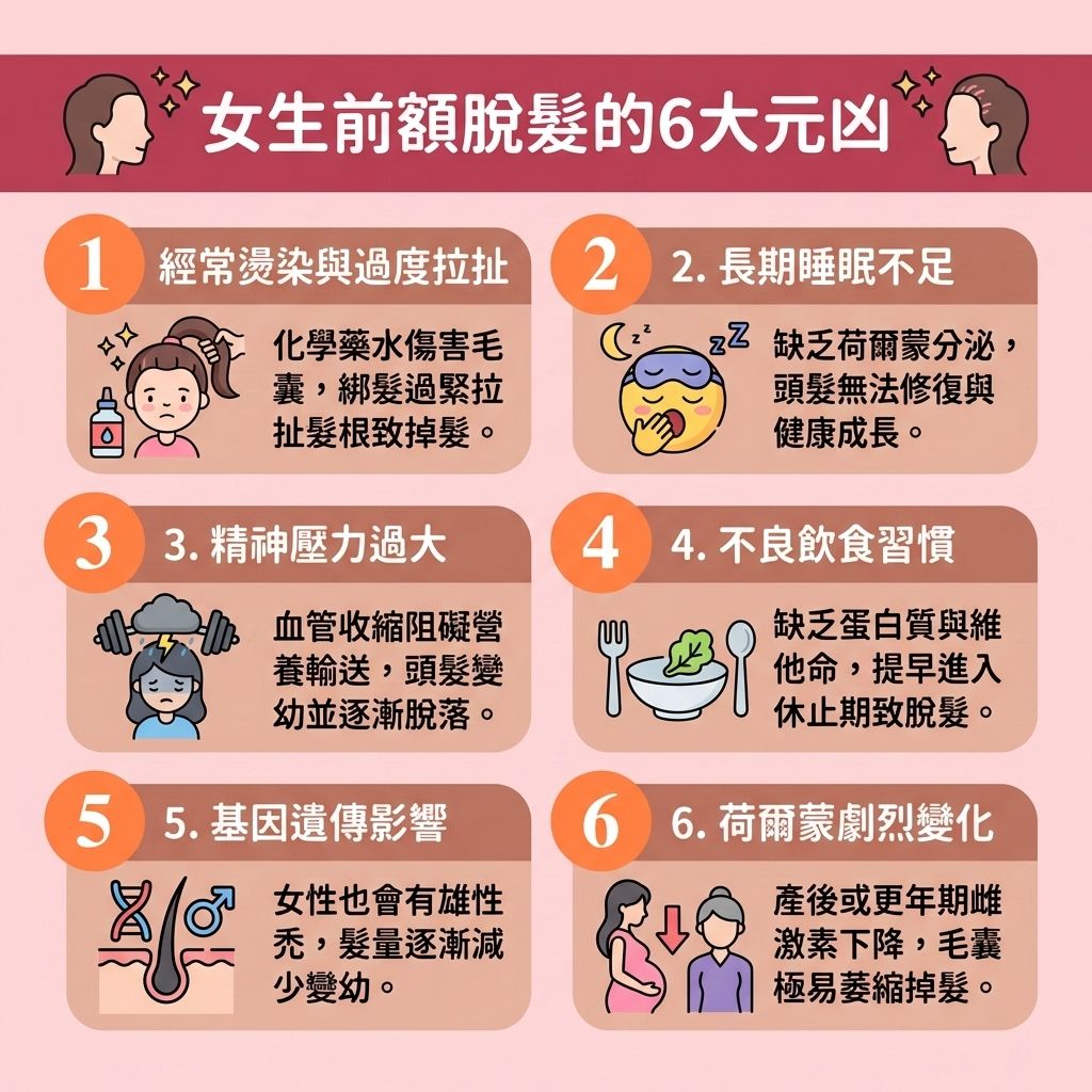 這是一張 1:1 正方形的可愛扁平化向量資訊圖表，採用台灣健康部落格風格，詳細解析【女性脫髮原因】與潛在的【男性脫髮危機】。圖表指出，當基因或壓力導致體內【睪酮】等【荷爾蒙】失調，異常轉化為【雙氫睪酮】時，會強烈攻擊【頭皮】的【毛囊】。這不僅是引發【雄性禿】的關鍵，更會讓【前額】與【額角】的【髮線】退縮，是極為明顯的【脫髮早期先兆】。此外，缺乏【蛋白質】、不良的【血液循環】以及【皮脂腺】的【頭皮油脂分泌】失衡，都會加劇【脫髮】。

為了執行有效的【預防脫髮方法】並【改善頭皮環境】，醫學建議及早【解決前額脫髮】並進行【髮線後移治療】。應對方案包括使用含有【米諾地爾】的【生髮水】，或口服【非那斯特萊】來【抑制男性荷爾蒙】。日常亦可搭配【鋸棕櫚】及【鋸棕櫚防脫髮】產品，幫助【強健脆弱髮根】，【激活休眠毛囊】並【刺激毛囊再生】。這些【專業生髮療程】能有效【延長生長週期】、【促進頭髮生長】、【增加頭髮密度】並【改善頭髮稀疏】。

若毛囊已嚴重受損，可考慮運用【無創增髮技術】（如【織髮】或佩戴自然【假髮】）來快速【遮蓋地中海】；或者尋求【植髮】手術的幫助，徹底拯救頂上危機！