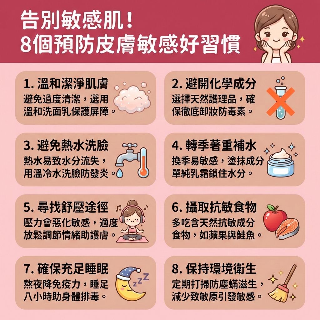 這是一張台灣健康部落格風格的資訊圖表，教導大家預防敏感肌。圖表指出，免疫系統下降與接觸過敏原容易引發泛紅，甚至誘發濕疹或玫瑰痤瘡。為建立健康屏障並保護皮膚屏障與皮脂膜，日常應避免過度清潔，可適度溫和去角質，並使用溫和不刺激的潔面乳，以減少發炎反應與舒緩紅腫發炎。

挑選護膚品時，建議挑選單純成分，如含有神經酰胺、積雪草或透明質酸的產品，能做到深層保濕鎖水、保持水油平衡與預防水分流失，有效舒緩乾燥痕癢及鎮靜敏感肌膚。

外出時必須做好防曬措施，塗抹防曬用品抵禦紫外線；同時要遠離刺激物質，以護理脆弱的角質層。若想提升皮膚彈性、改善粗糙膚質或修復受損屏障以強化皮膚抵抗力，建議尋求皮膚科醫生協助。圖表最後推薦醫學美容首選——完美醫療的專業暗瘡分手療程，助您從根源調理，減低復發機會，實現長效預防復發！