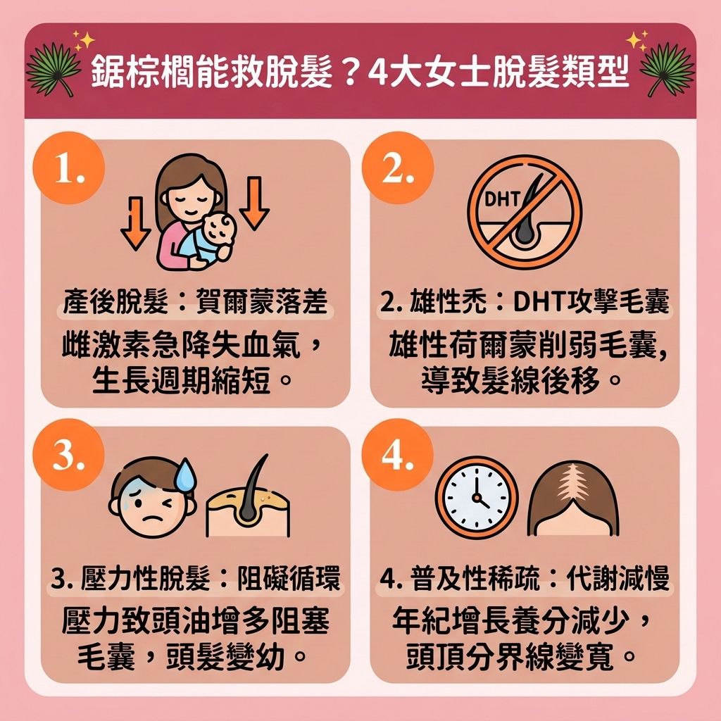 這是一張 1:1 正方形的可愛扁平化向量資訊圖表，呈現台灣健康部落格風格，深入解析【女性脫髮原因】與潛在的【男性脫髮危機】。許多人面臨【脫髮】時會尋找【天然生髮補充品】，探討【鋸棕櫚功效】與【鋸棕櫚防脫髮】的實際幫助。

圖表解析了【雄性禿】的成因：當體內【睪酮】等【荷爾蒙】透過5α【還原酶】轉化為【雙氫睪酮】時，會無情攻擊【頭皮】的【毛囊】，導致【髮線】退縮。這種常見於【前列腺】保養的【鋸棕櫚】，其【植物萃取】中富含的【植物固醇】能有效【阻斷還原酶】並【抑制男性荷爾蒙】。

為了【改善頭皮環境】與維持【皮脂腺】正常的【頭皮油脂分泌】，良好的【血液循環】不可或缺。醫學上的【雄性禿治療方法】常建議使用含【米諾地爾】的【生髮水】，或口服【非那斯特萊】，但需小心藥物【副作用】及潛在的【鋸棕櫚副作用】。正確的對策能【延長生長週期】、【強健脆弱髮根】、【減少掉髮數量】、【刺激毛囊再生】並【促進頭髮生長】。若想確實【預防髮線後移】、【解決前額脫髮】並【改善頭髮稀疏】，除了補充品，嚴重時應盡早尋求【專業生髮療程】或【植髮】手術來重獲新生！