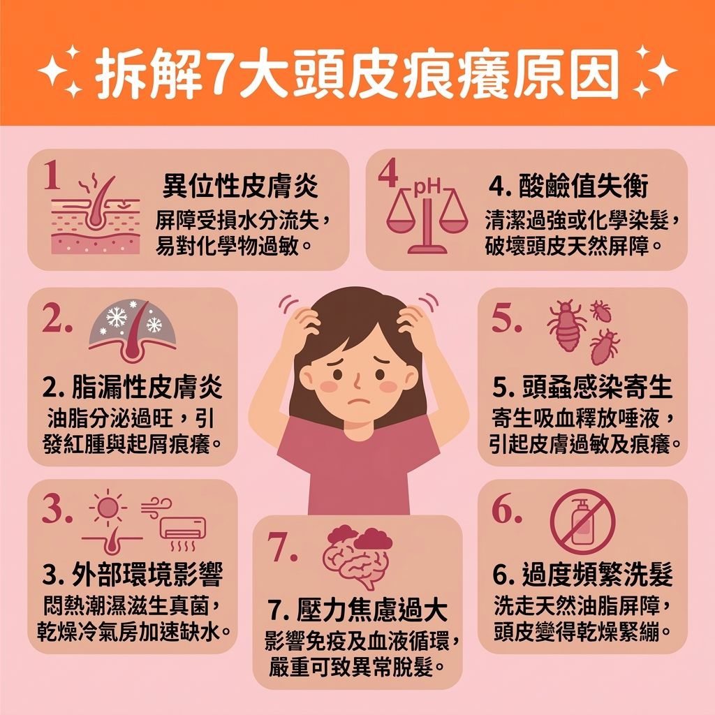 這是一張 1:1 正方形的扁平化醫美資訊圖表，解析7大頭皮痕癢原因，並教導【日常頭皮護理】與【正確洗頭方法】。圖中顯示，當【頭皮】受到強烈【紫外線】或極端【溫度】等外部環境影響，或因【壓力】與【荷爾蒙】失調時，會破壞【角質層】，導致【水分】嚴重流失。

若不幸患有【皮膚炎】或【濕疹】，【皮脂腺】會異常運作，無法【保持水油平衡】，進而引發【真菌】滋生，產生大量【頭皮屑】與發炎的【頭瘡】。這會大幅增加【解決頭皮敏感】與【舒緩頭皮痕癢】的需求。

為【改善頭皮環境】並【修復受損屏障】，患者應積極【調整生活作息】並【尋求專業治療】（必要時由醫生處方【類固醇】或外用【藥膏】以發揮【抗菌消炎作用】）。

日常保養方面，應【避免過度清潔】並【降低洗頭水溫】。挑選合適的【洗頭水】與【護髮素】來【溫和清潔頭皮】與【深層清潔頭皮】。這能有效【減少頭皮屑】、【控制油脂分泌】，並【改善頭髮乾燥】。洗髮前可使用【梳子】輕柔按摩以【促進血液循環】。做好這些對策能保護脆弱的【毛囊】，【預防毛囊發炎】，