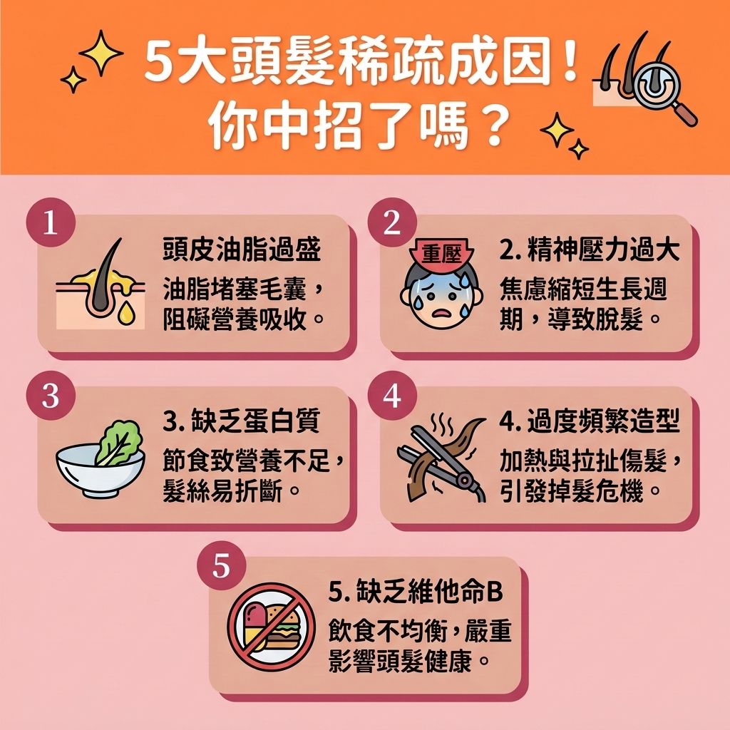 這是一張 1:1 正方形的可愛扁平化向量資訊圖表，採用台灣健康部落格風格，詳解【頭髮稀疏】的成因與解方。當【皮脂腺】異常，必須【抑制油脂分泌】，以【解決毛孔堵塞】。否則會破壞【角質層】，引發【馬拉色菌】滋生，導致【頭皮屑】與【頭瘡】。透過【頭皮深層清潔】與【溫和清潔頭皮】等【日常頭皮護理】，能有效【減少頭皮屑】、【解決頭皮痕癢】並【舒緩頭皮紅腫】，進而落實【預防脫髮方法】並避免【毛囊炎】。

面對【壓力】或【荷爾蒙】失調，加上轉化為【雙氫睪酮】引發的【雄性禿】與【脫髮】危機，我們需要積極【改善頭皮環境】。多攝取【蛋白質】與【氨基酸】，有助【補充頭髮營養】，保護【黑色素】並【延緩頭髮老化】。維持良好的【頭皮】與【血液循環】，能幫助【強健脆弱髮根】。

若想【改善頭髮稀疏】並【增加頭髮密度】，除了使用含【米諾地爾】的【生髮水】，也可尋求【專業生髮療程】來【激活休眠毛囊】、【刺激毛囊再生】。這些對策有助【延長生長週期】與【促進頭髮生長】。若【毛囊】已嚴重受損，則建議考慮【植髮】手術來徹底拯救危機，重拾自信！