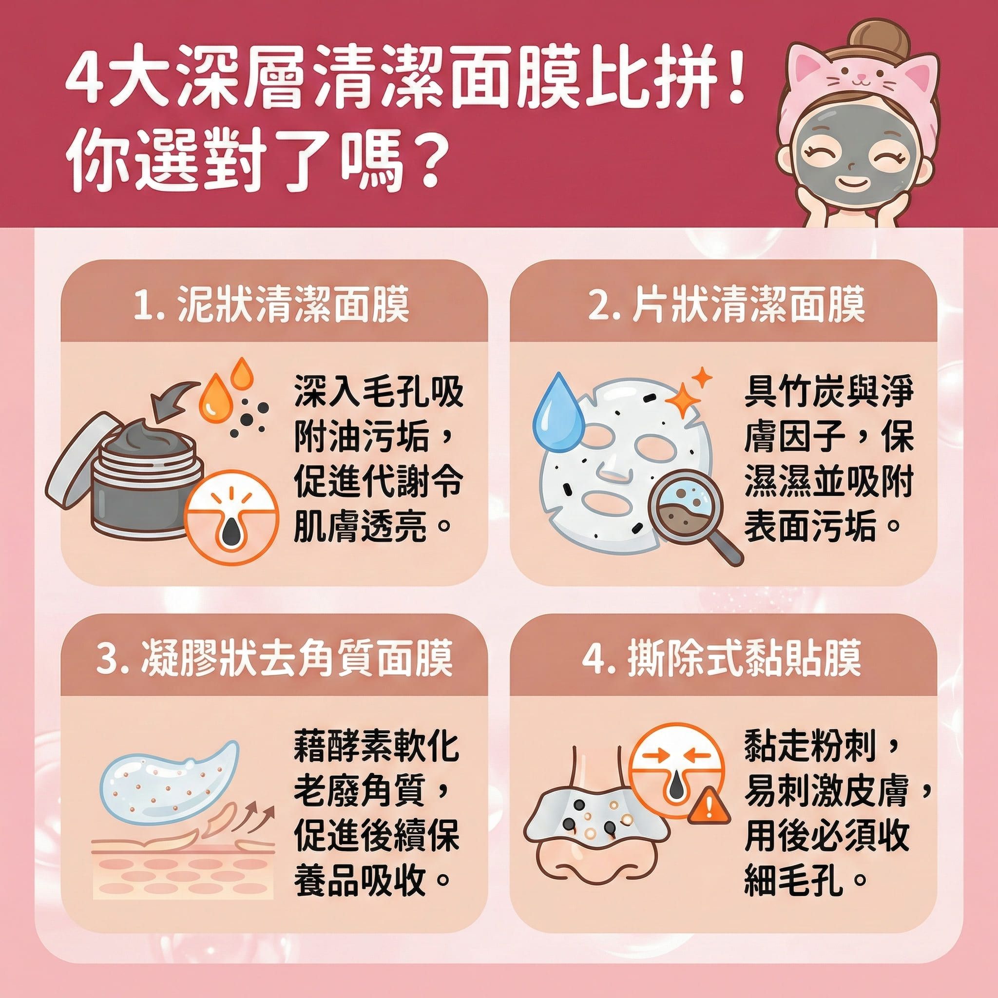 這是一張關於清潔面膜的醫學美容資訊圖表。日常若沒有徹底卸妝，角質層變厚會導致皮脂腺異常，形成黑頭、粉刺及暗瘡。為預防暗瘡與減少黑頭粉刺，我們需要定期深層清潔。

圖表介紹四種護膚品：
第一種是含火山泥、高嶺土或礦物泥的泥膜。它能深層清潔、吸附油脂、溶解污垢及疏通毛孔，有效控制油脂分泌與提亮暗沉膚色。
第二種是片狀面膜，常添加活性碳，能在溫和潔淨之餘，注入透明質酸來補充肌膚水分並保持水油平衡。
第三種是凝膠狀面膜，常含水楊酸或果酸，可幫助去除老廢角質，從而改善粗糙膚質並促進後續吸收。
第四種是撕除式黏貼膜，能黏走粉刺，但敏感肌需慎用，用後必須鎮靜舒緩、收細毛孔及修復皮膚屏障。

若問題嚴重，建議諮詢皮膚科醫生。圖表最後推薦完美醫療的專業暗瘡分手療程，透過專業醫學美容技術，徹底解決毛孔困擾！