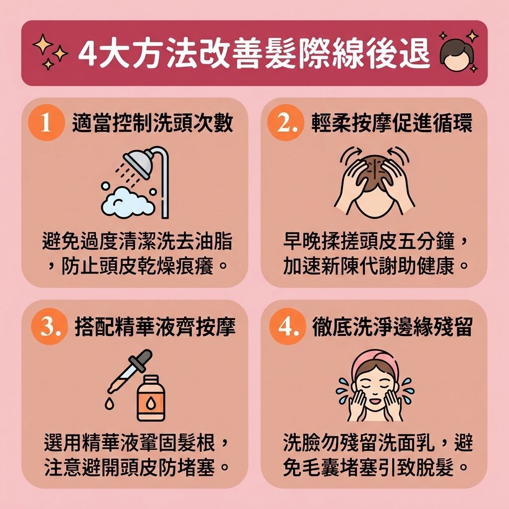 這是一張 1:1 正方形的扁平化向量資訊圖表插畫，採用台灣健康部落格風格，教您如何面對【脫髮早期先兆】與【髮際線後移】。無論是【女性脫髮原因】還是【男性脫髮危機】，當【遺傳】因素或體內【荷爾蒙】（如【睪酮】）轉化為【雙氫睪酮】時，會無情攻擊【額角】的【毛囊】，引發嚴重的【雄性禿】與【髮際線】後退。

圖表提供了4大【預防脫髮方法】來【解決前額脫髮】並【改善頭髮稀疏】。首先，控制洗頭次數能維持【皮脂腺】正常的【頭皮油脂分泌】，【改善頭皮環境】。其次，透過按摩【頭皮】可促進【血液循環】，幫助【強健脆弱髮根】、【延長生長週期】並【促進頭髮生長】。同時，可搭配無【生髮水副作用】的精華液來【激活休眠毛囊】，並在洗臉時徹底清潔邊緣，防止毛孔堵塞。

若要進一步【刺激毛囊再生】及【增加頭髮密度】，除了使用含【米諾地爾】的【生髮水】、服用【非那斯特萊】等【生髮藥】，或利用【鋸棕櫚】進行【鋸棕櫚防脫髮】以【抑制男性荷爾蒙】外；針對嚴重【脫髮】與失去的【頭髮】，也可考慮尋求【專業生髮療程】、先進的【植髮】手術，