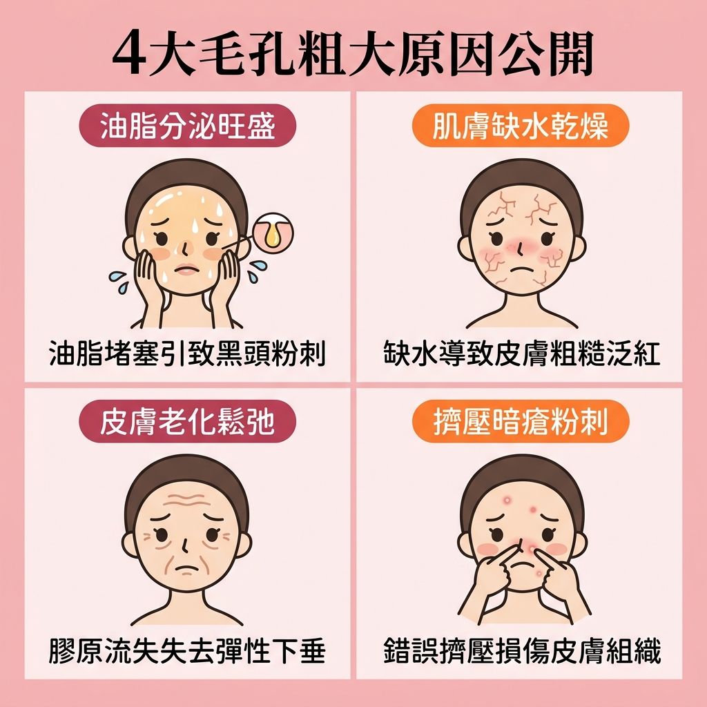 這是一張正方形的可愛扁平化醫美資訊圖表，詳細分析四大毛孔粗大的成因與對策。圖表第一部分指出皮脂腺過度活躍會分泌大量油脂，若角質層過厚會形成黑頭與粉刺。建議使用含水楊酸或果酸的潔面乳與爽膚水進行深層清潔與溫和去角質，以溶解黑頭、減少皮脂分泌、抑制油脂分泌，達致水油平衡與清爽控油，從而疏通毛孔及防止毛孔堵塞。

第二部分說明肌膚缺水問題，需注重鎖水保濕，補充透明質酸來修復皮膚屏障與改善粗糙膚質。第三部分描繪老化現象，隨著膠原蛋白與彈性纖維流失，需適時使用視黃醇及做好日常防曬，有助於延緩皮膚衰老、提升肌膚彈性與緊緻肌膚。第四部分警告亂擠暗瘡會損害組織。

為全面預防毛孔粗大及收細毛孔，圖表推薦結合高科技如激光與射頻療程。特別推介完美醫療的暗瘡分手療程，能促進新陳代謝、刺激膠原增生、有效淡化暗瘡印，從根源解決所有肌膚煩惱。