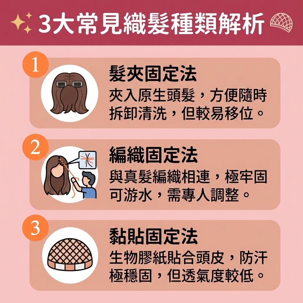 這是一張 1:1 正方形的扁平化向量資訊圖表插畫，採用台灣健康部落格風格，詳細介紹作為【無創增髮技術】的【織髮】，並進行【織髮效果比較】與【脫髮治療比較】。面對【荷爾蒙】轉化為【雙氫睪酮】所引起的【脫髮】、【髮線】後移與【雄性禿】，這是一項能迅速【遮蓋禿頭】、【增加頭髮密度】並【解決地中海脫髮】的【髮線後移治療】方案。

圖表對比了以【真髮】或纖維製成的【假髮】與【髮網】固定方式。第一種是髮夾固定，適合有【脫髮早期先兆】者。第二種是編織固定，需要【定期修剪護理】。第三種是使用【黏合劑】貼合【頭皮】，但若清潔不當恐影響【皮脂腺】，導致【阻塞毛孔發炎】、【頭皮敏感痕癢】甚至引發【毛囊炎】。

雖然織髮能迅速【改善頭髮稀疏】，但若想從根本上進行【專業生髮療程】，醫學上建議搭配【生髮水】（如含【米諾地爾】的產品）、口服【非那斯特萊】，或使用【鋸棕櫚】及【鋸棕櫚防脫髮】產品來【抑制男性荷爾蒙】。同時，需注重【改善頭皮環境】及【血液循環】，這才是治本的【預防脫髮方法】。長遠來看，若想真正【促進頭髮生長】、【刺激毛囊再生】、【強健脆弱髮根】，甚至一勞永逸，則需考慮激活【毛囊】的療程或直接進行【植髮】手術。