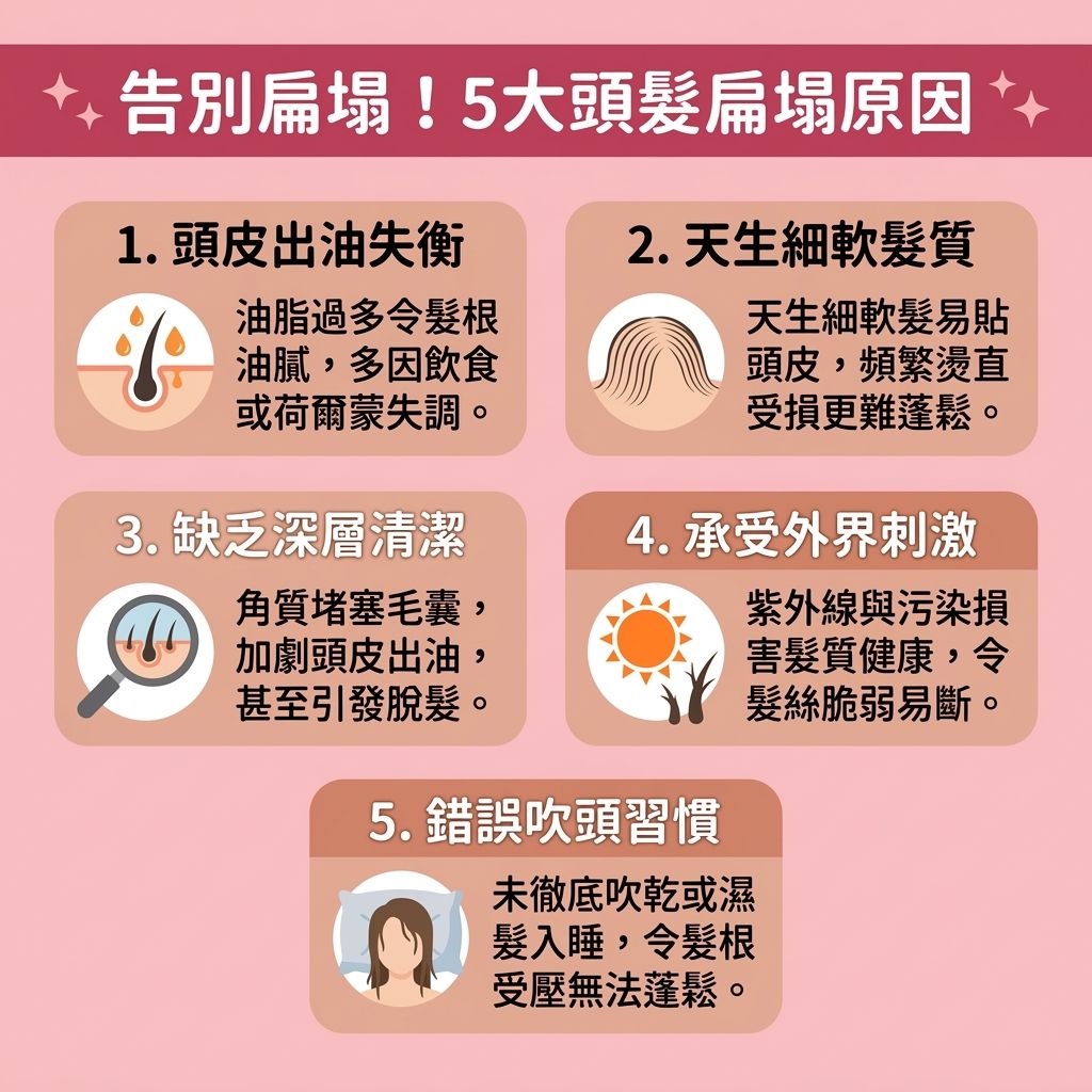這是一張1:1正方形扁平化資訊圖表，教導如何【解決頭髮扁塌】與【增加頭髮蓬鬆度】。若【荷爾蒙】失調，會刺激【皮脂腺】分泌過多【油脂】，導致【髮根】油膩。缺乏【深層清潔頭皮】會令【角質層】變厚，引發【毛囊】堵塞與異常【脫髮】。

為【控制頭皮出油】與【控制油脂分泌】，必須做好【日常頭皮護理】。挑選合適的【洗頭水】（如【防脫髮洗頭水】）來【溫和清潔頭皮】，配合【正確洗頭方法】及洗後【吹乾頭皮防菌】。使用【風筒】時注意溫度，並定期使用【護髮素】以保留【水分】、【蛋白質】與【氨基酸】。這能【撫平毛鱗片】、【修復受損髮絲】及保護【毛鱗片】，同時【減少頭髮毛躁】。

日常可避免過度使用【染髮劑】，並使用【梳子】梳理以減少【靜電】。這有助於【改善頭皮環境】、【解決頭皮痕癢】並維持良好【頭皮】健康，進而【促進頭皮血液循環】。若情況嚴重，可考慮【激光】等療程來【強健脆弱髮根】、【滋養脆弱髮絲】與【改善頭髮稀疏】，最終達到【增加頭髮密度】的效果，