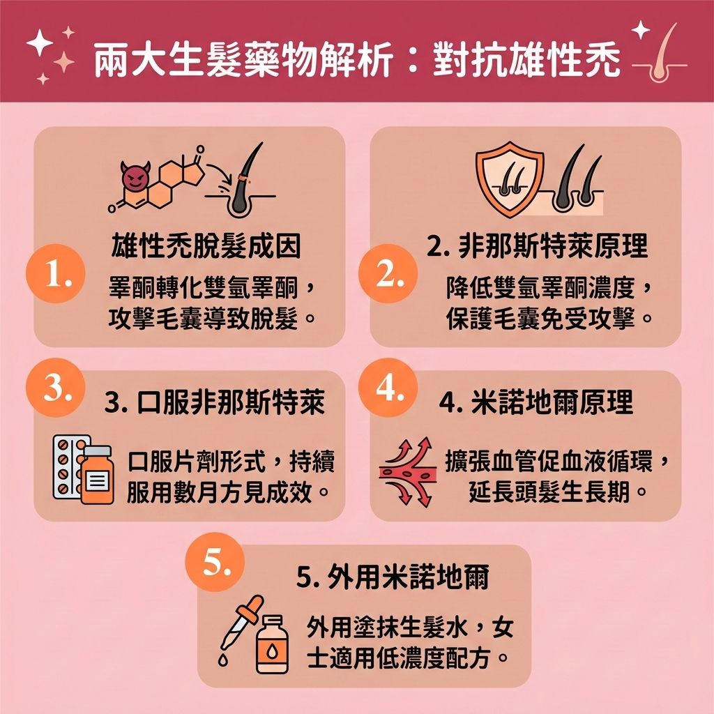 這是一張 1:1 正方形的可愛扁平化向量資訊圖表，採用台灣健康部落格風格，介紹實用的【生髮藥物推薦】與【雄性禿治療方法】。圖表解析了常見的【女性脫髮原因】，當【遺傳】、【荷爾蒙】或【雌激素】失調時，體內的【睪酮】會轉化為【雙氫睪酮】，進而攻擊【頭皮】上的【毛囊】，導致【遺傳性脫髮】與【雄性禿】。若伴隨【皮脂腺】異常與【頭皮油脂分泌】過盛，更易引發【毛囊炎】與【脂溢性脫髮】。

圖中詳細對比了兩種主要成分：【處方藥物】【非那斯特萊】作為【口服生髮藥】，能有效【抑制荷爾蒙】，從而【減少掉髮】並【強健髮根】；而另一種成分【米諾地爾】（常見於【外用生髮水】及一般【生髮水】中），則能促進【血液循環】，幫助【激活休眠毛囊】，並【延長生長週期】，達到【促進頭髮生長】的效果。

圖表建議，為了有效【預防脫髮】與【改善頭髮稀疏】，患者應留意藥物【副作用】及【生髮水副作用】。日常保養可搭配含【咖啡因】的【洗髮水】或【防脫髮洗頭水】，善用【咖啡因洗髮露功效】輔助改善【脫髮】。若情況嚴重，亦可尋求【專業生髮療程】或【植髮】來徹底解決頂上危機。