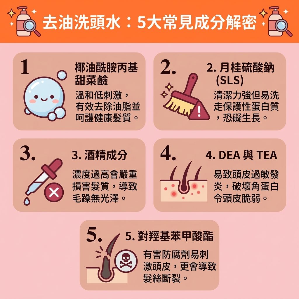 這是一張 1:1 正方形的醫美資訊圖表，介紹【洗頭水】的【清爽控油效果】與【日常頭皮護理】。當【荷爾蒙】影響【皮脂腺】，分泌過多【油脂】與【頭油】時，會破壞【角質層】與【水分】的平衡，導致無法【保持水油平衡】。若缺乏【正確洗頭方法】，容易引發【頭皮屑】、長【頭瘡】，甚至導致【脫髮】。

為【解決頭皮出油】與【預防脫髮問題】，建議選用【無矽油配方】且富含【氨基酸】、【蛋白質】、【水楊酸】、【茶樹油】或【薄荷】的產品。這些成分能發揮【抗菌消炎作用】，配合溫和的【表面活性劑】，能有效【控制油脂分泌】並【深層清潔頭皮】。

定期【溫和清潔毛囊】能【去除老廢角質】、【預防頭瘡形成】，並【減少頭皮痕癢】。這不僅能【舒緩頭皮敏感】、【修復受損屏障】，更能【改善頭皮環境】。洗後可搭配無【矽油】的【護髮素】，幫助【調理頭皮健康】。只要毛孔暢通，就能保護【頭皮】與【毛囊】，不僅能【改善頭髮扁塌】，還能大幅【增加頭髮蓬鬆度】！