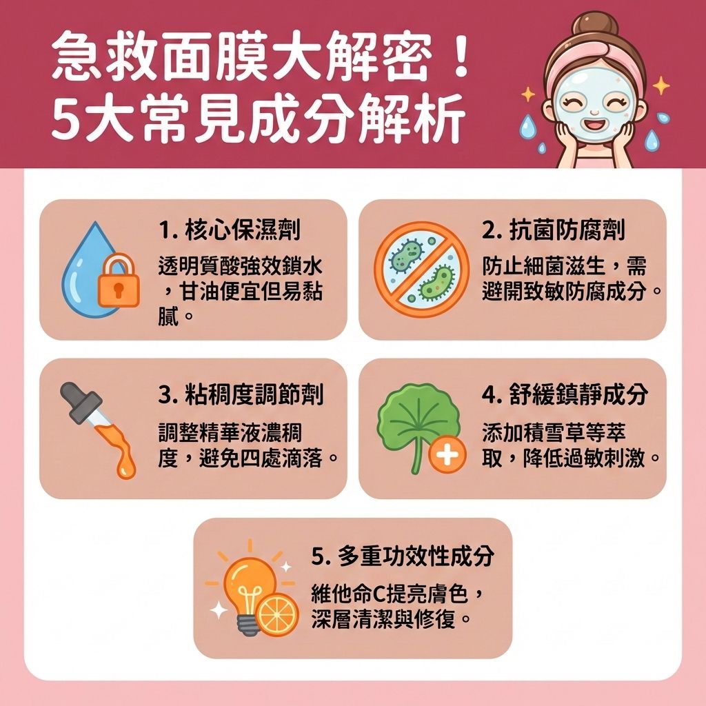 這是一張台灣健康部落格風格的正方形醫美資訊圖表，詳細介紹急救面膜與日常面膜的成分與功效。圖表說明對於乾燥肌與敏感肌，若出現泛紅或面臨曬後修復與妝前急救的需求時，挑選合適的護膚品至關重要。

面膜中的透明質酸（即玻尿酸）、膠原蛋白與神經醯胺能為角質層提供深層保濕與快速補水，有效減少水分流失並達到鎖水保濕。此外，添加積雪草、蘆薈與洋甘菊等植萃成分，能發揮溫和不刺激的舒緩鎮靜與褪紅消炎作用，有效舒緩過敏反應。

這不僅能密集修護與修復受損屏障，強化脆弱的皮膚屏障，還能調節水油平衡以防毛孔堵塞，對抗暗瘡。良好的面膜成分能促進後續吸收、改善粗糙膚質、提亮暗沉膚色，甚至能緊緻肌膚、撫平面部細紋與提升肌膚彈性。若肌膚問題嚴重，建議諮詢皮膚科醫生。圖表最後強烈推薦完美醫療的專業醫學美容項目——暗瘡分手療程，助您重拾無瑕美肌！