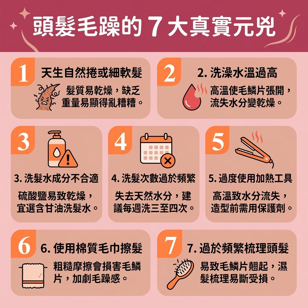 這是一張 1:1 正方形的可愛醫美資訊圖表，教導大家【日常頭髮護理】與【吹頭正確方法】。圖中解析導致頭髮毛躁的原因：不當使用【洗頭水】與【風筒】的【熱力】，或缺乏【隔離熱力傷害】，會破壞【髮絲】的【毛鱗片】與保護性的【角質層】，導致流失【水分】、【蛋白質】、【氨基酸】與【角蛋白】，更會受【紫外線】傷害與產生【靜電】。

為【撫平頭髮毛躁】與【改善頭髮乾燥】，應搭配【護髮素】、【髮膜】及【護髮油】進行【居家護髮療程】與【鎖水保濕護理】。將產品塗抹於【髮尾】能【深層滋潤頭髮】、【補充頭髮營養】，幫助【閉合毛鱗片】並【減少靜電摩擦】。

正確使用【梳子】梳理能【減少頭髮打結】與【防止頭髮斷裂】。若有【負離子】輔助，能進一步【修復受損髮絲】、【解決頭髮開叉】及【改善髮質粗糙】。只要維持健康的【頭皮】與【毛囊】，並做好【染燙後續保養】，便能【提升髮絲彈性】、【增加頭髮光澤】，