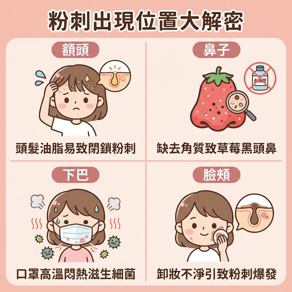 這是一張正方形的扁平化向量醫美資訊圖表，採用粉嫩配色（#F4C2C2, #E5B1A1）與亮橙色（#FF8C42）點綴，主題為不同面部位置的粉刺（包括白頭與黑頭）成因解析。

圖表中央有一個可愛的女孩臉龐，標示出四個易長粉刺的區域。首先，額頭因頭髮油脂或洗髮產品殘留，若不去除老廢角質，會導致死皮堆積在角質層。鼻頭因皮脂腺發達，容易出現毛孔堵塞，需導出黑頭與溶解黑頭，並進行深層清潔。下巴則因口罩悶熱滋生痤瘡桿菌，破壞了水油平衡；而臉頰通常因卸妝不淨或過度摩擦傷及真皮層，若忽視可能惡化成暗瘡甚至石頭瘡。

圖表建議日常護理應清除污垢以疏通毛孔，並避免擠壓來預防發炎。可選用含果酸、水楊酸、杏仁酸或杜鵑花酸的產品來溫和去角質及軟化角質細胞，有助抑制油脂分泌、促進新陳代謝和收細毛孔。發炎時可使用蘆薈或暗瘡貼，達到消炎殺菌與舒緩紅腫的效果。若想改善粗糙膚質、刺激膠原增生、淡化暗瘡印及預防復發，強烈推薦尋求完美醫療的暗瘡分手療程等專業協助。