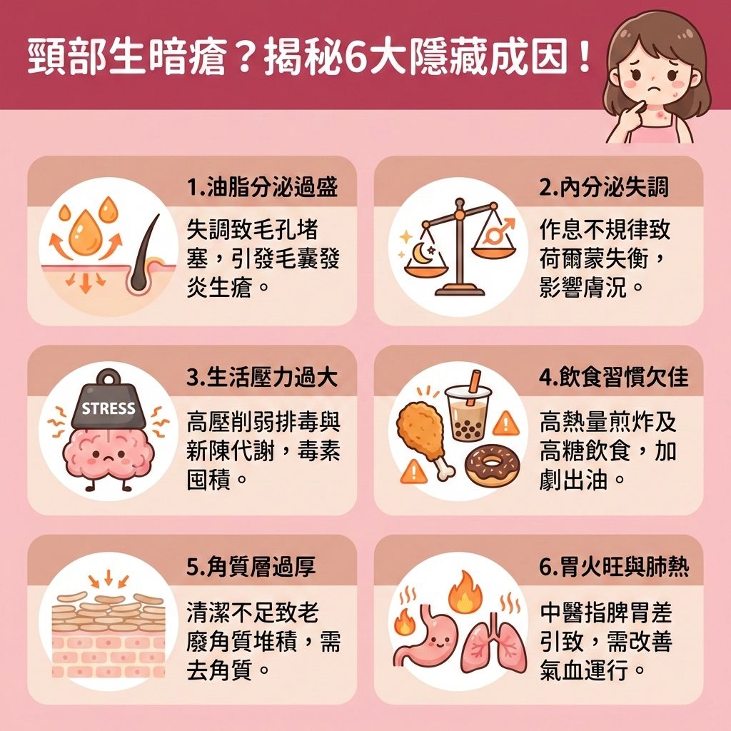 這是一張關於頸部及臉部邊緣長暗瘡的台灣健康部落格資訊圖表。圖表指出，無論是油性肌膚、乾性肌膚還是敏感肌，若日常使用了防曬霜或化妝品，都必須重視卸妝。若沒有正確使用卸妝水、卸妝油、卸妝膏或卸妝乳配合化妝棉進行溫和卸妝與溶解彩妝，且未注意乳化過程，極容易導致臉頰邊緣與頸部殘留污垢。

這些污垢會與老廢的角質層混合，進而堵塞毛孔，形成粉刺與黑頭。後續需使用洗面奶進行徹底清潔與深層清潔，但要避免過度清潔以保護脆弱的皮脂膜並修復皮膚屏障。正確的清潔能達致洗後不緊繃、保持肌膚水分及舒緩泛紅敏感。

透過定期去除老廢角質，能有效控制油脂分泌與調節水油平衡，從而減少黑頭粉刺並預防暗瘡增生。這不僅有助於改善粗糙膚質，更能提升後續吸收****護膚品的能力。若毛孔發炎問題嚴重，建議尋求專業醫學美容協助。圖表強烈推薦完美醫療的皇牌暗瘡分手療程，助您徹底解決痘痘煩惱！