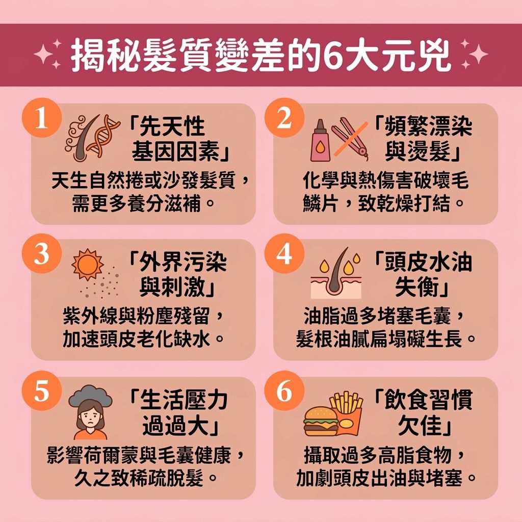 這是一張 1:1 正方形的醫美資訊圖表，列出6大損害【髮質】的成因並提倡【正確洗頭方法】。圖中展示，壓力與飲食不當會刺激【頭皮】分泌過多【油脂】，堵塞【毛囊】引發【脫髮】。頻繁染燙與外界刺激則會破壞【髮絲】的【角質層】與【毛鱗片】，流失【水分】與【蛋白質】，加上梳理時的【摩擦】與【靜電】，更會加劇受損。

為【修復受損髮絲】與【改善細軟髮質】，圖表建議採用【顛倒洗頭順序】（即【先護髮後洗頭】）。首先將無【矽油】的【護髮素】或【護髮膜】塗抹於【髮尾】，能【深層滋潤髮尾】、【減少頭髮毛躁】並【防止頭髮打結】，同時【撫平頭髮毛鱗片】及【提升髮絲彈性】，做好【鎖水保濕護理】。接著使用【洗頭水】【溫和清潔頭皮】，能【避免護髮素殘留】（減少【殘留物】）以【減輕頭髮負擔】。

這套方法不僅能【控制頭皮出油】，有效【解決髮根扁塌】及【改善頭髮扁塌】，還能讓【髮根】與整體恢復清爽，大幅【增加頭髮蓬鬆度】與提升【蓬鬆度】。只要徹底【延長頭髮清爽】時間，就能順利【減少掉髮數量】，保護好每一個脆弱毛囊！