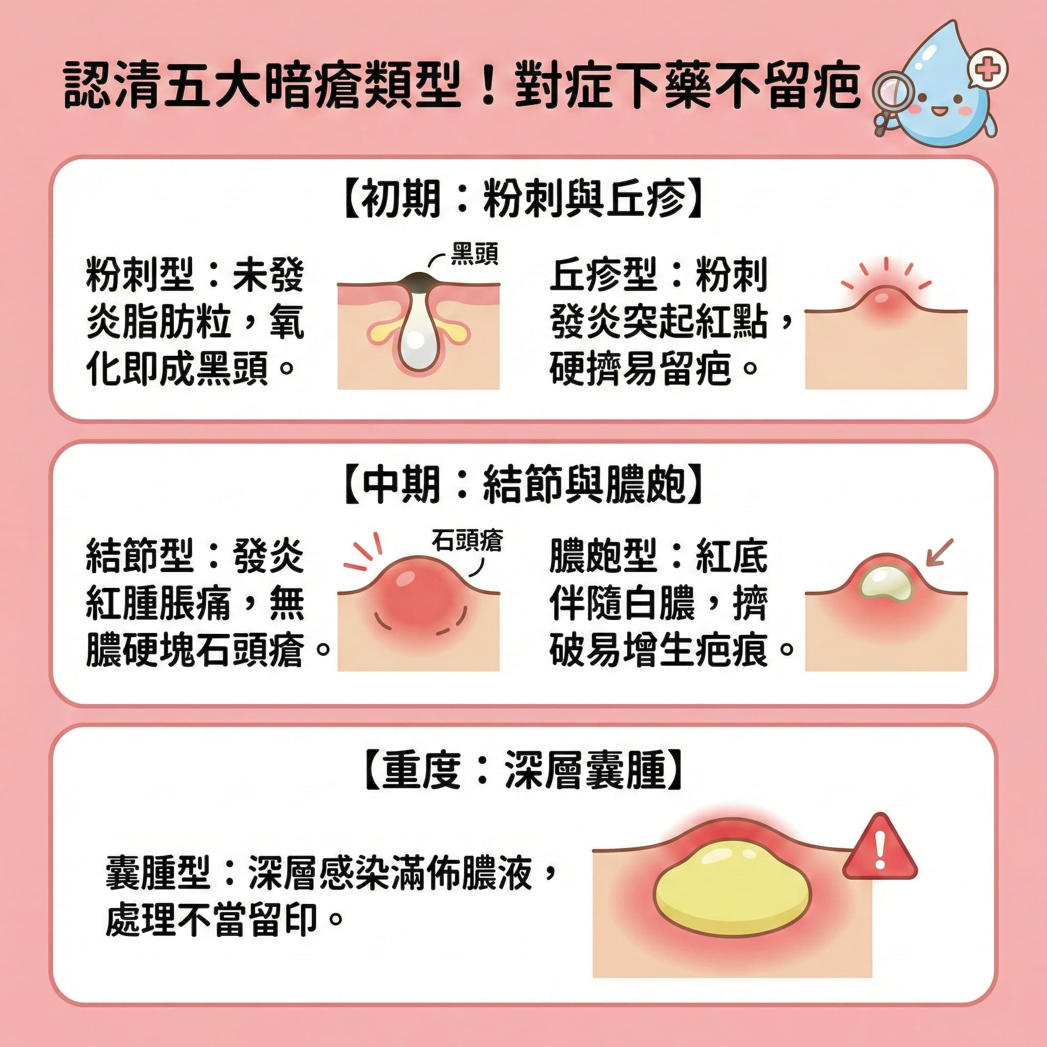 這是一張方形的扁平化向量資訊圖表，主題為「認清五大暗瘡類型！對症下藥不留疤」，背景為柔和粉色。圖表詳細分類了皮膚上的五種暗瘡形態，從老廢角質堵塞毛孔形成的黑頭粉刺，到嚴重的囊腫型。圖表教育大眾在日常皮膚護理中應正確處理，切勿亂擠以免留下傷口。坊間許多人在網上搜尋木瓜霜暗瘡的偏方，想利用澳洲出產的木瓜霜（被譽為萬用霜）來點塗痘痘。雖然澳洲木瓜霜含有天然木瓜酵素（木瓜的酵素），具備一定的抗菌消炎作用，且其木瓜霜成分主要為醫療級凡士林（凡士林），常見的木瓜霜用途和木瓜霜功效多為滋潤保濕、舒緩乾燥、修復傷口、預防疤痕，甚至廣泛用於改善濕疹、紓緩尿布疹（治療尿布疹、濕疹）、處理燙傷及作為蚊叮蟲咬止痕（針對蚊蟲叮咬）的良藥。它也是極佳的護唇膏和潤唇膏推薦，能深層滋潤嘴唇。然而，把它當作治痘護膚品卻可能因質地過於厚重而阻塞毛孔，反而惡化發炎。正確的做法應是確實做好卸妝，並利用酸類保養來溫和去角質及溶解黑頭，才是治本之道。