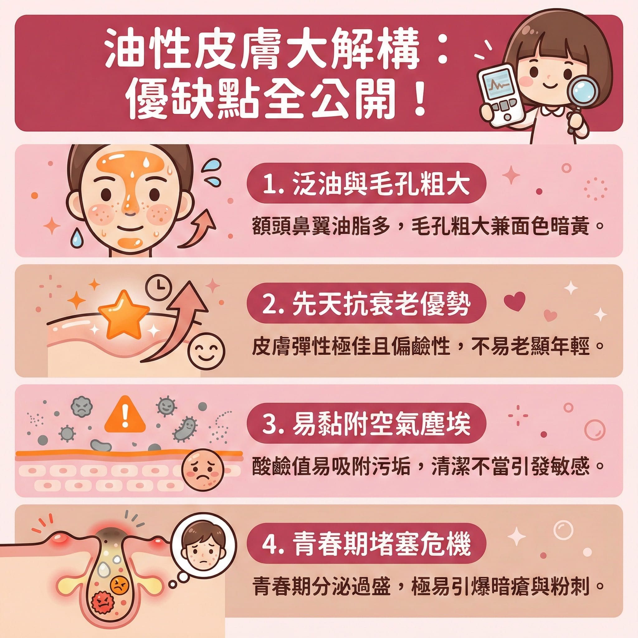 這是一張正方形的可愛扁平化醫美資訊圖表，深入剖析油性皮膚的特徵與護理。圖中展現受荷爾蒙影響，皮脂腺會分泌過多油脂，令角質層增厚並積聚死皮。若不徹底卸妝（如配合卸妝油）及使用潔面乳進行深層清潔，容易黏附塵埃變成敏感肌，甚至滋生痤瘡桿菌，引爆暗瘡、粉刺及黑頭。

圖表建議，為疏通毛孔與防止毛孔堵塞，應溫和去角質，可選用含水楊酸或果酸的爽膚水，甚至適量使用磨砂膏，但需避免過度清潔。這有助於溶解黑頭、減少皮脂分泌、抑制油脂分泌及促進新陳代謝，從而收細毛孔並維持水油平衡，達到清爽控油與鎖水保濕的效果。

若已經出現皮膚發炎，圖表提醒要注重消炎殺菌、預防發炎與舒緩紅腫，以改善粗糙膚質。為了有效淡化暗瘡印、達致長效預防復發，圖表強烈推薦完美醫療的專業暗瘡分手療程，從根本解決毛孔與油脂問題。