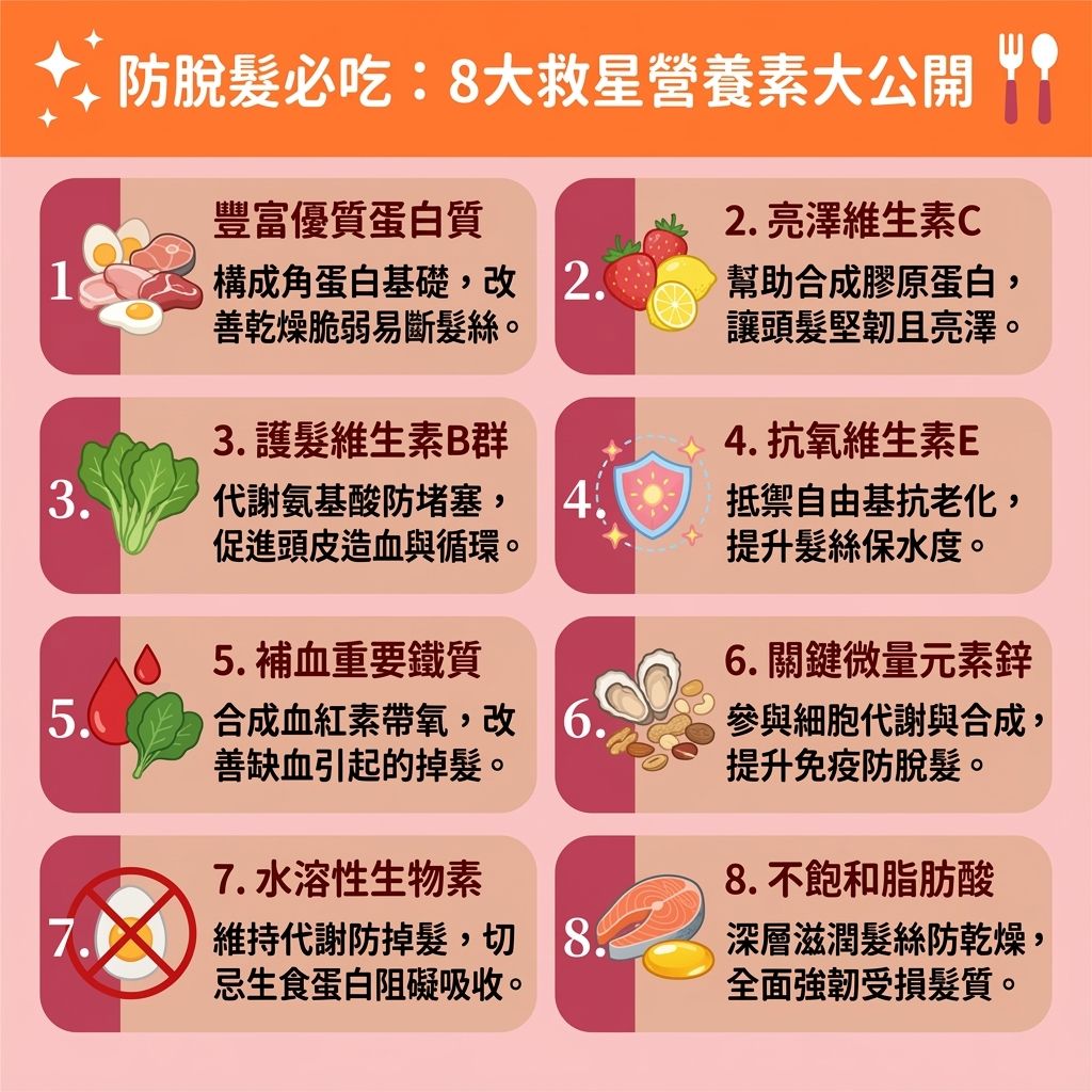 這是一張 1:1 扁平化醫美資訊圖表，主題為【生髮飲食推薦】與【預防脫髮食物】。圖中詳細圖解如何透過日常飲食【補充頭髮營養】與【補充鐵質吸收】，以【解決異常掉髮】及【改善產後脫髮】。

要【滋養頭皮毛囊】與保護【頭皮】深層【毛囊】，需攝取優質【蛋白質】及【氨基酸】（如【雞蛋】與【黑豆】），幫助合成【角蛋白】與【膠原蛋白】。這能【修復受損髮質】、【提升髮絲彈性】、【強健脆弱髮根】並【防止頭髮斷裂】。多吃富含【鐵質】的【菠菜】與【黑芝麻】，加上【維他命】與【生物素】的輔助，能維持良好的【血液循環】（【促進血液循環】）。

攝取含【鋅】的【生蠔】與富含【奧米加三】的【三文魚】及【堅果】，有助於【調理內分泌失調】與【抗氧化防脫髮】。搭配【中醫食療養髮】概念多吃【海帶】，能有效【改善頭皮環境】、【延緩毛囊萎縮】，最終達到【促進頭髮生長】、【改善頭髮稀疏】與大幅【增加頭髮密度】的完美效果！