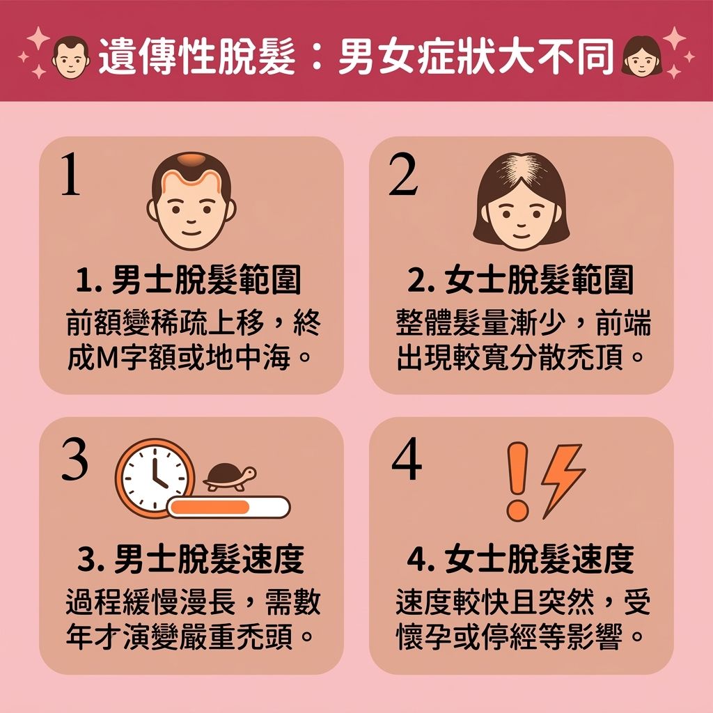 這是一張 1:1 滿版扁平化的醫美資訊圖表，主要解析【遺傳】性脫髮與【女生長鬍鬚原因】的關聯。當體內【內分泌】失調、【雌激素】減少且【雄性激素】（【荷爾蒙】）激增，出現【雄性荷爾蒙過高】時，除了引發男女不同的脫髮症狀，女性還可能出現【卵巢多囊綜合症症狀】（如【卵巢多囊綜合症】），導致嘴唇周圍長出【唇毛】與異常【毛髮】。

為【解決唇毛過盛】與【擺脫生鬚煩惱】，切勿亂用【剃刀】、【蜜蠟】、【脫毛膏】或【鑷子】，以免【剃毛引致毛髮變粗】、破壞【皮膚】表層【角質】，造成【毛孔】堵塞與【毛髮倒生發炎】。建議透過【改善內分泌失調】與【調理女性荷爾蒙】來治本。

針對多餘毛髮，可選擇【專業激光脫毛】或【光學去唇毛療程】。特定波長的【激光】能精準鎖定【黑色素】，安全地【破壞毛囊組織】，帶來【安全無痛脫毛】及【永久脫毛效果】。這不僅能有效【抑制毛髮生長】、【延緩毛髮生長週期】，讓毛囊提早進入【休止期】並縮短【生長期】，成功【減少嘴唇周圍毛髮】，更能【避免皮膚敏感】、【預防毛囊發炎】及【改善毛孔粗大】，全方位保護脆弱的深層【毛囊】！