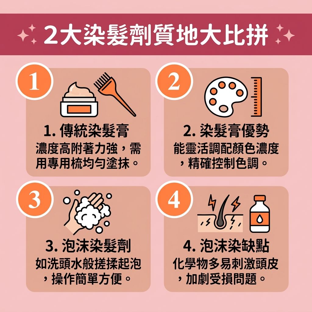 這是一張醫美資訊圖表，比較不同【染髮劑】的優缺點。圖中指出，【漂髮】與染髮過程中的化學物如【雙氧水】、【氨水】及【對苯二胺】會嚴重破壞【髮絲】的【黑色素】與【蛋白質】，並抽乾【水分】，導致保護性的【角質層】與【毛鱗片】受損。若【染髮劑成分】刺激性過強，會引發【染髮頭皮敏感】，令【頭皮】與深層【毛囊】出現異常【敏感】與【紅腫】，甚至引發【脫髮】等嚴重的【染髮副作用】。

為落實【染髮後護理】與【漂染頭髮保養】，我們需做好【染髮前頭皮隔離】以【隔離化學傷害】。染髮後建議使用【植物性染髮推薦】產品，並以【溫和清潔頭皮】的方式洗髮。搭配【護色洗頭水】能有效【預防頭髮褪色】並減緩【褪色】速度。

日常保養需勤塗抹【護髮素】與【髮膜】，進行【鎖水保濕護理】與【深層滋潤頭髮】。這不僅能【補充頭髮營養】、【修復受損髮絲】，更能【撫平頭髮毛躁】及【解決頭髮乾燥】。此外，吹髮時要【減少熱力傷害】，這有助於【改善頭髮打結】、【防止頭髮斷裂】並大幅【增加頭髮光澤】！