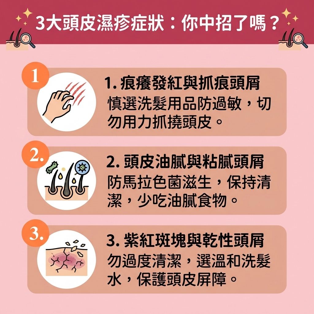 這是一張 1:1 正方形的扁平化向量資訊圖表插畫，以台灣健康部落格風格設計，詳細圖解【頭皮濕疹】的三大症狀與對策。圖表說明當【免疫系統】失調或【荷爾蒙】變化時，【皮脂腺】的【頭皮油脂分泌】會異常，導致【頭皮】的【角質層】受損。這極易引發【馬拉色菌】過度繁殖，造成【脂溢性皮炎】、【毛囊炎】及惱人的【頭皮屑】。若不及時【抑制真菌感染】與【解決毛孔堵塞】，將引發嚴重的【頭皮敏感痕癢】。

圖中建議透過【溫和清潔頭皮】與【頭皮深層清潔】等【日常頭皮護理】來【舒緩頭皮紅腫】，並配合【血液循環】按摩來【改善頭皮環境】及【減少頭皮屑】。若發炎嚴重，可能需要醫生開立【類固醇】、【抗生素】或【外用消炎藥物】。

圖表也警告，長期發炎會損害【毛囊】，加上體內【雙氫睪酮】影響，可能誘發【雄性禿】與異常【脫髮】，這正是常見的【髮線後移成因】。為了落實【預防脫髮方法】並進行有效的【脂溢性脫髮治療】，必須【強健脆弱髮根】以【改善頭頂稀疏】。針對已受損的【髮線】與【毛囊】，除了尋求【專業生髮療程】來【刺激毛囊再生】外，也可考慮【植髮】手術來【解決地中海脫髮】。若不想動手術，則可利用【醫療紋髮技術】或【紋髮】來視覺上增髮。
