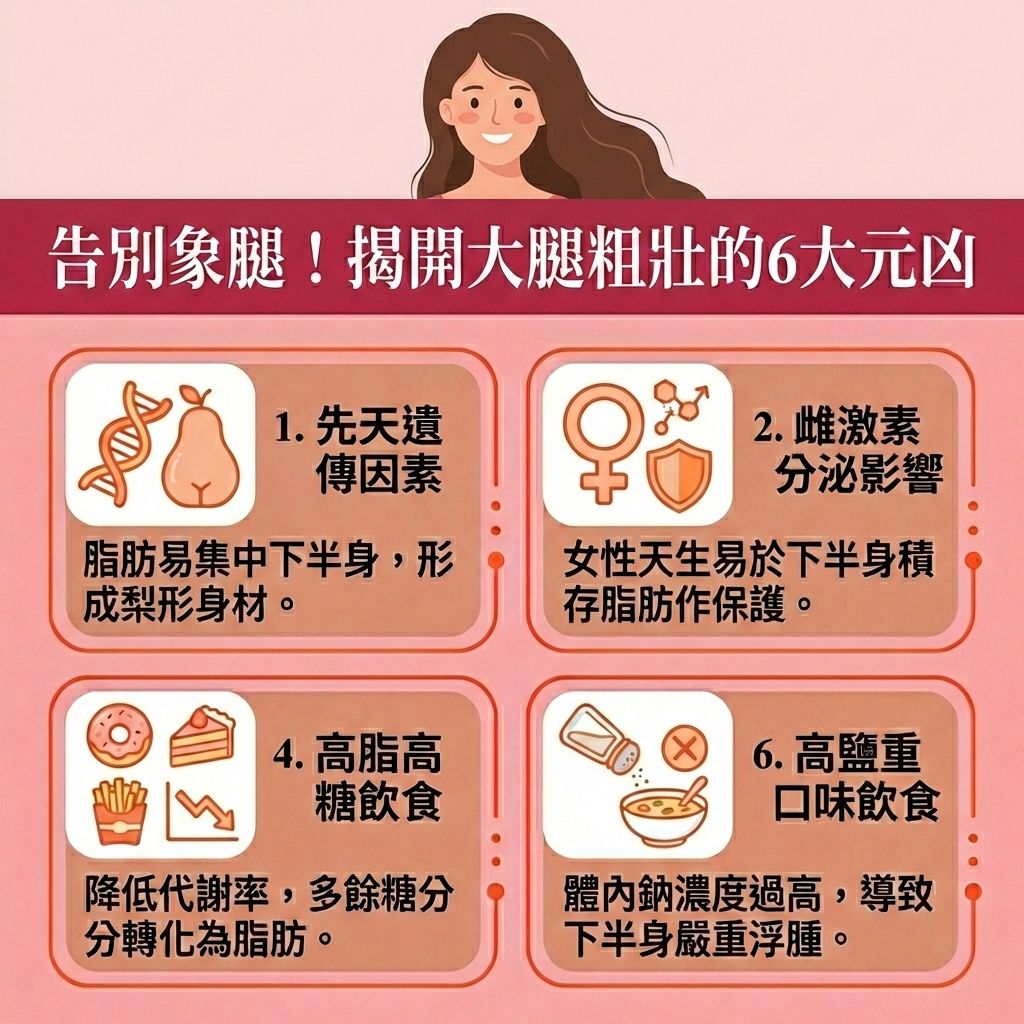 這是一張台灣健康部落格風格的 1:1 醫美資訊圖表。圖中的長髮女生正苦惱如何減大腿內側脂肪與消除大腿外側贅肉。下半身肥胖常與荷爾蒙、骨盆位置（需糾正骨盆前傾）有關，容易形成橘皮組織。久坐會影響淋巴與血液循環，導致大腿與小腿出現嚴重水腫。為改善下半身水腫與舒緩腿部疲勞，必須促進血液循環與疏通淋巴排毒。

飲食上需控制熱量攝取，精算卡路里，多補充蛋白質與膳食纖維，減少過量碳水化合物，以減少脂肪積聚並改善梨形身材。運動方面，可透過深蹲等伸展運動來鍛鍊下肢肌肉，增加肌肉量並提升基礎代謝。日常亦要配合帶氧運動（維持規律的帶氧運動），有效燃燒腿部脂肪與消滅頑固脂肪，達到收緊大腿線條與塑造修長美腿的目標。

若想快速見效，可考慮醫學美容的局部減脂療程。香港完美醫療提供專業的醫美定位修形，採用頂尖的無痛溶脂技術與專業溶脂方案，助您輕鬆擊退下半身贅肉！