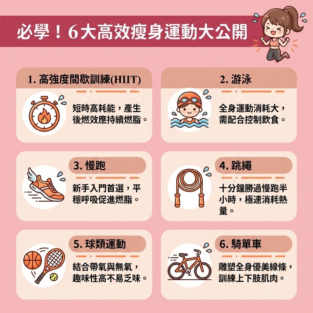 這是一張台灣健康部落格風格的醫美資訊圖表，介紹6大健康體重管理運動。圖中女孩正開心地進行帶氧運動，致力於燃燒體內脂肪與降低體脂率。規律運動能提升基礎代謝與整體新陳代謝（提高基礎代謝率），並改善血液循環（促進血液循環）。

選擇游泳或單車能減輕關節負擔並保護關節，同時糾正不良姿勢。跳繩與HIIT能有效鍛鍊核心肌群與肌肉，幫助增加肌肉質量並預防肌肉流失。運動後若產生炎症，可尋求物理治療以舒緩肌肉痠痛。

除了配合帶氧運動，專業營養師建議必須控制熱量攝取，精算卡路里。透過制定專屬餐單，確保攝取足夠蛋白質與膳食纖維，減少精緻碳水化合物，亦可適度搭配優質代餐以延長飽足感。這不僅能減少脂肪積聚，建立均衡健康飲食，更能改善易胖體質並幫助你突破減肥停滯期，有效控制體重指數。

若想進一步消除頑固脂肪（消滅多餘脂肪），可考慮醫學美容的局部減脂療程。圖表下方特別推薦香港完美醫療的醫美定位修形方案，助您安全、高效地打造完美體態！