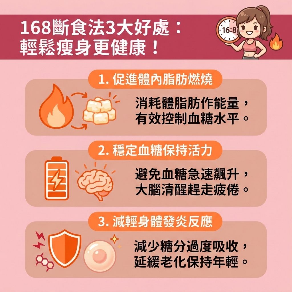 這是一張台灣健康部落格風格的正方形醫美圖表，解說168斷食法的好處。透過控制進食時間與延長空腹時間，能有效減少熱量攝取（降低總熱量）。當體內缺乏碳水化合物時，血糖會下降，進而降低胰島素阻抗，穩定胰島素與荷爾蒙分泌。

身體會將脂肪分解成游離脂肪酸與酮體作為能量，促進脂肪燃燒以消除頑固脂肪。配合攝取足夠蛋白質與膳食纖維，能增加飽足感並預防肌肉流失（保護肌肉），有助於提升基礎代謝與新陳代謝（提高基礎代謝率）。這種無痛減肥方法能有效消耗卡路里、控制體重，幫助你突破減重停滯期。

專業營養師建議，維持均衡飲食習慣並搭配帶氧運動，能進一步促進血液循環與改善水腫問題。若想針對局部修飾，例如改善橙皮組織與撫平橙皮紋，可考慮香港醫學美容機構完美醫療的專業局部減脂療程（如溶脂針），助您輕鬆塑造緊緻線條並做好定期體重管理！