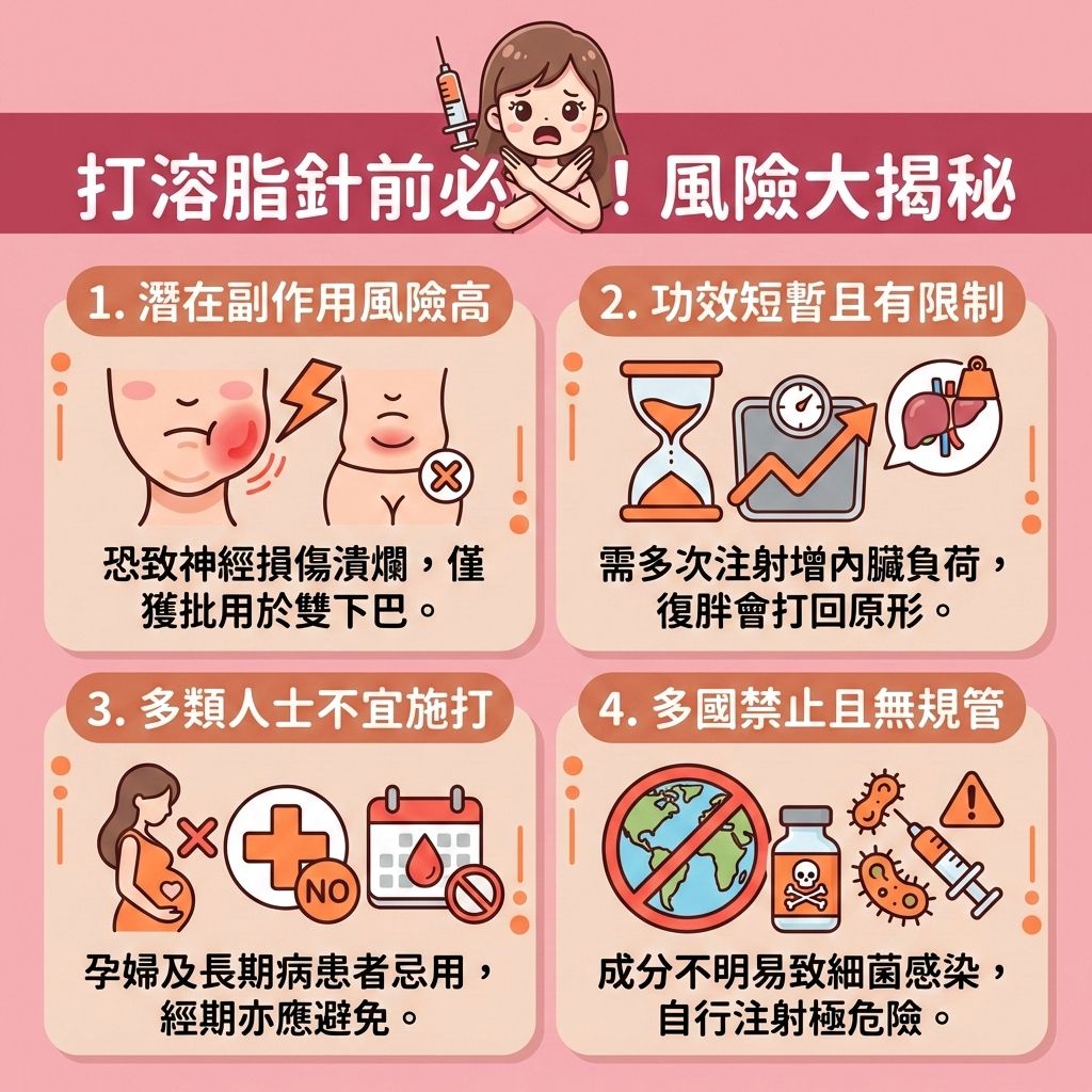 這是一張台灣健康部落格風格的正方形醫美圖表，警告大家注射溶脂針的潛在風險。圖中女孩正苦惱於雙下巴、手臂拜拜肉、大大的肚腩以及大腿的橙皮紋。許多人以為注射含去氧膽酸與卵磷脂的針劑是完美的無創減肥方法，能破壞脂肪細胞，使脂肪細胞破裂後由巨噬細胞吞噬，並透過淋巴系統與新陳代謝，隨尿液排出體外，從而促進脂肪代謝與消除頑固脂肪。

雖然它標榜能針對難減部位進行醫美定位修形與局部減脂療程，且恢復期短暫，看似能替代傳統抽脂（抽脂手術），但其實缺乏規管且風險極高。想要安全地改善身體線條、提升身體輪廓與緊緻鬆弛皮膚，必須尋求專業註冊醫生的意見。

正確的專屬瘦身方案應關注自身的體重指數與基礎代謝率，透過減少熱量攝取來減少脂肪積聚。日常應配合帶氧運動（多做帶氧運動），這有助疏通淋巴排毒與改善水腫問題。若考慮醫學美容，應選擇正規機構如香港完美醫療，採用安全的激光溶脂或溶脂修形技術，不僅能安全有效減脂，還能刺激膠原增生，