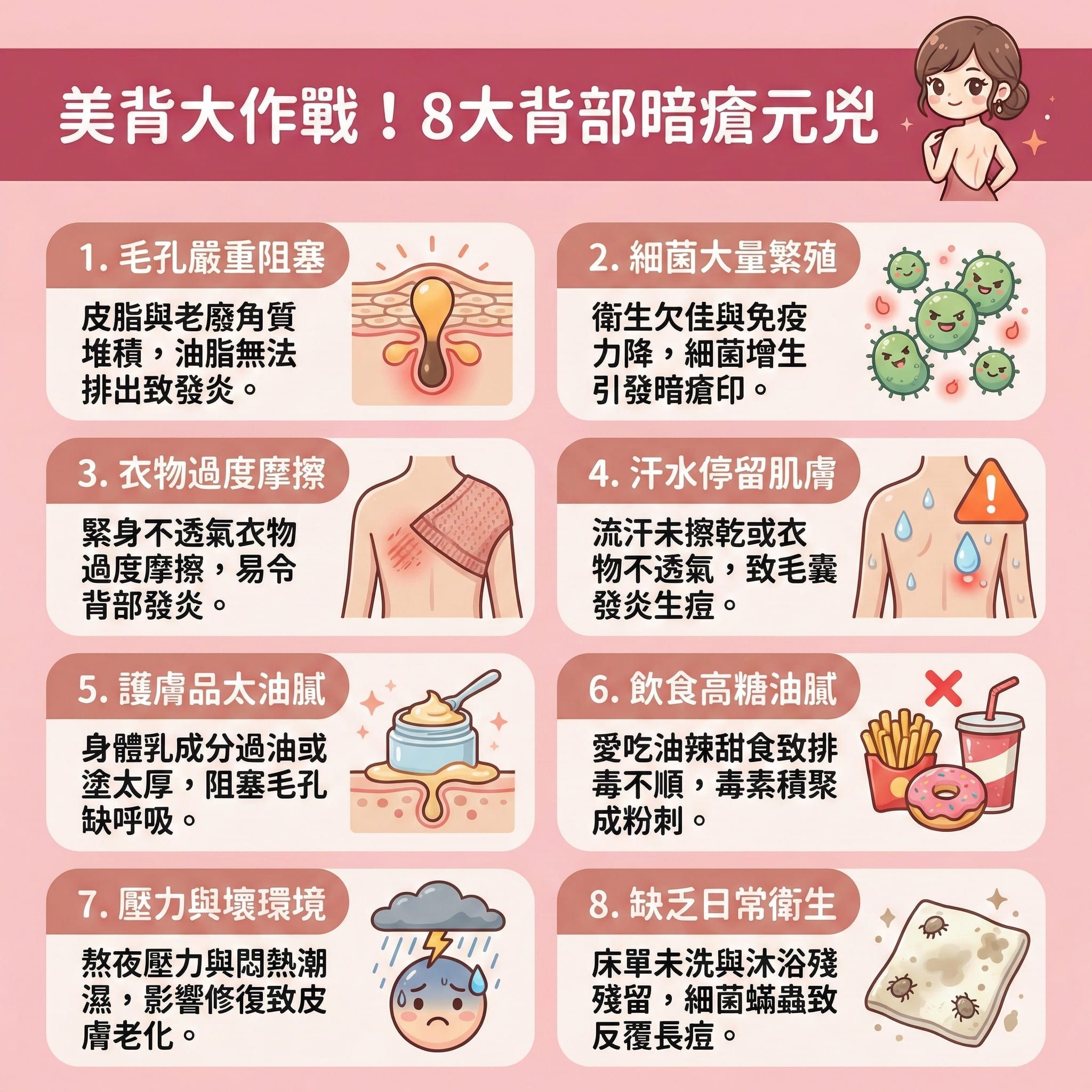 這是一張正方形的扁平化醫學美容資訊圖表，教導大家如何擁有完美美背並改善背部暗瘡。圖表指出，當荷爾蒙失調時，皮脂腺會過度分泌。若未做好背部去角質與去除老廢角質，過厚的角質層會導致毛囊炎與背部暗瘡。日常應選擇合適的沐浴露與護膚品，進行深層清潔毛孔，以控制油脂分泌並預防毛孔堵塞。

建議可使用含水楊酸或果酸的產品來疏通毛孔、消炎殺菌、舒緩紅腫發炎並保持水油平衡。若留下暗瘡印、疤痕或黑色素，建議尋求皮膚科醫生協助，透過醫學美容如化學煥膚或激光治療，來促進新陳代謝、收細毛孔、改善粗糙膚質、淡化背部痘印與改善色素沉澱。這能刺激膠原蛋白增生，以修復受損屏障並提亮背部膚色。圖表最後推薦完美醫療的暗瘡分手療程與專屬背部護理療程，助您重塑白滑美背，達到長效預防復發。