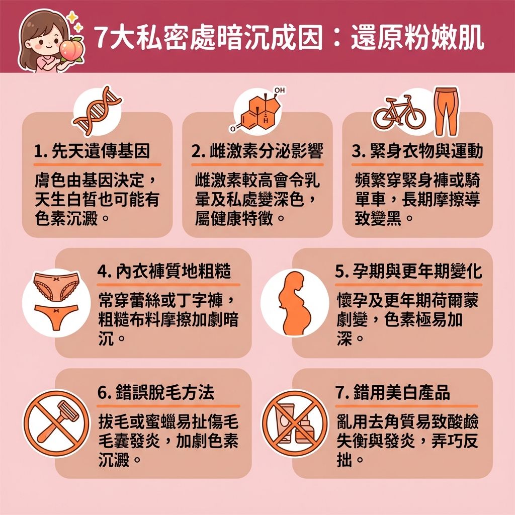 這是一張台灣健康部落格風格的 1:1 正方形資訊圖表，深入解析解決私密處暗沉與去除比堅尼黑印的秘訣。圖表指出，私密處與比堅尼位變黑常因遺傳、荷爾蒙與雌激素變化，或穿著緊身內褲導致長期摩擦，因此減少摩擦變黑是首要任務。

若使用剃刀或蜜蠟錯誤除毛，極易引發炎症、傷害皮膚與毛囊，產生黑色素與色素積聚。正確的私密處保養步驟需重視避免毛囊發炎與預防毛髮倒生。日常可考慮含有果酸與維他命C的產品，參考溫和去角質推薦來清除死皮與老廢角質，並搭配保濕霜以改善私密處乾燥、修復受損屏障及改善皮膚粗糙。不過要注意私密處美白霜效果因人而異，切勿過度使用以免破壞健康環境。

圖表強烈建議，最佳的私密處美白方法與比堅尼脫毛推薦是尋求專業醫生進行比堅尼位激光脫毛與激光私密處美白。透過專業的無痛激光脫毛（激光技術）及私密處美白療程，不僅能舒緩脫毛紅腫，還能改善色素沉澱、減少汗味異味，