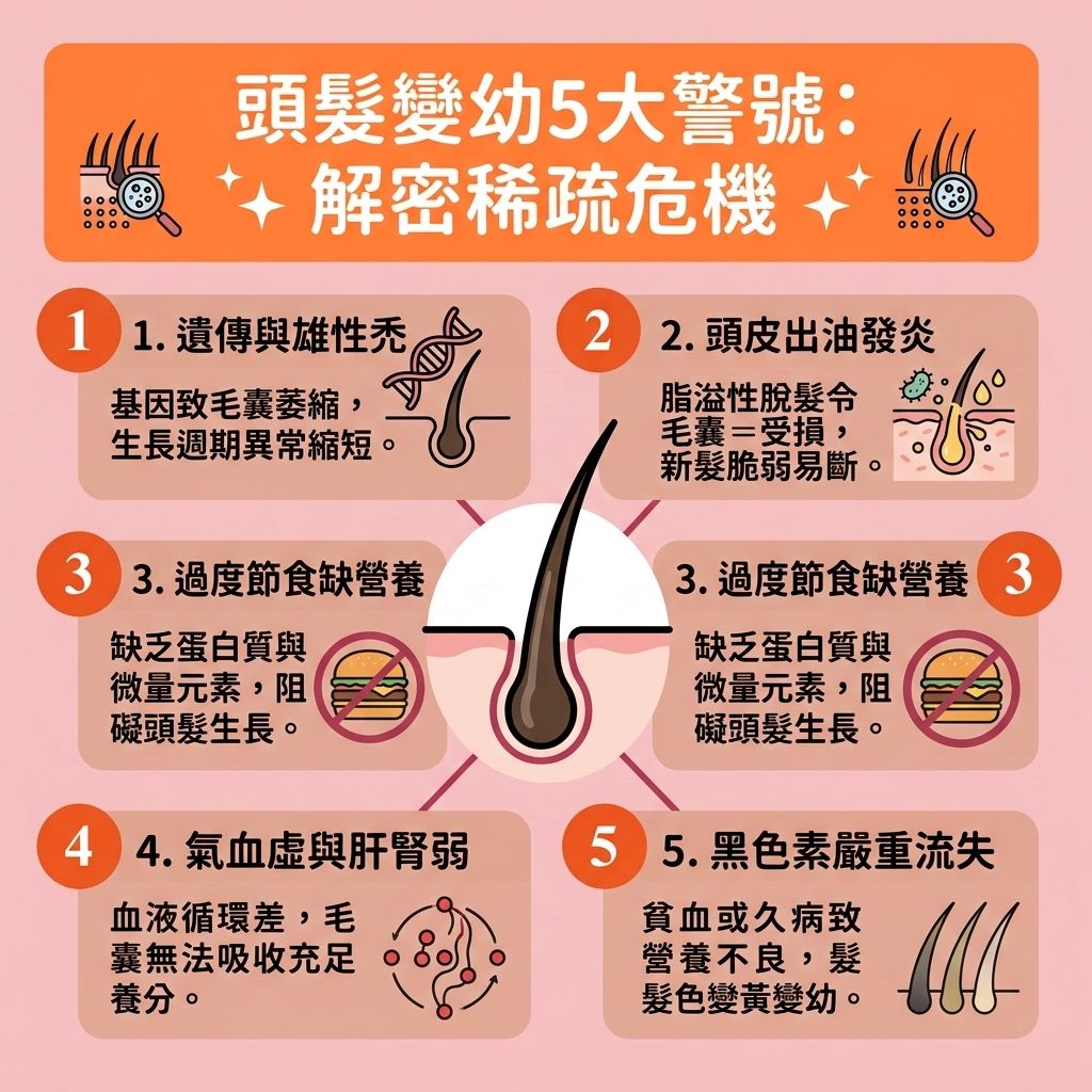 這是一張 1:1 正方形的可愛扁平化向量插畫，採用台灣健康部落格風格，為您圖解【頭髮變幼成因】與【髮質變差】的秘密。圖表展示了【頭髮】與【頭皮】結構，說明當【遺傳】或【衰老】引發【雄性禿】時，體內【荷生蒙】失調會產生【雙氫睪酮】，攻擊【毛囊】並造成【頭髮生長週期縮短】及異常的【生長週期】。若【皮脂腺】分泌過盛，會出現【雄性禿初期特徵】。圖表建議要及早【調理頭皮環境】並做好【頭皮深層清潔】，配合溫和的【洗頭水】及參考【防脫髮洗頭水推薦】來【舒緩頭皮壓力】。

為實踐【預防脫髮方法】及【減少掉髮數量】，我們必須【補充頭髮營養】，攝取充足的【蛋白質】、【鐵質】與【鋅】等【營養】。良好的【血液循環】能【促進頭皮血液循環】，幫助【改善毛囊萎縮】。面對生活【壓力】，日常可塗抹【生髮水】及【育髮精華】來【強健脆弱髮根】並【延長頭髮生長期】，達致【增厚頭髮】及【增加頭髮濃密度】的效果。若想徹底進行【頭髮稀疏改善】，建議尋求專業【醫生】協助，透過【專業生髮療程】來【刺激毛囊再生】，重拾濃密秀髮！