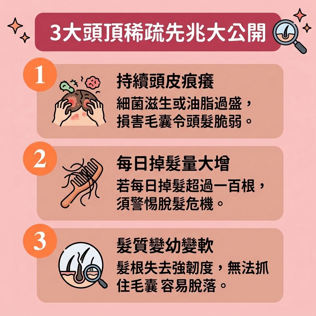 這是一張 1:1 正方形的可愛醫美資訊圖表，教你認清【頭頂稀疏】與【地中海】的【脫髮早期先兆】。無論是【遺傳】還是【壓力】造成的【女性脫髮原因】或【男性脫髮危機】，當【頭皮】的【皮脂腺】異常，【頭皮油脂分泌】過剩並引發【頭瘡】與破壞【角質層】時，就是【脫髮】警號。若體內【荷爾蒙】失調，轉化為【雙氫睪酮】，便會引發【雄性禿】，嚴重攻擊【毛囊】。

為落實【預防脫髮方法】與【日常頭皮護理】，需確保頭部【血液循環】順暢並補充【蛋白質】以【改善頭皮環境】。面對初期徵兆，應及早【改善頭頂稀疏】與【改善頭髮稀疏】。醫學上可透過外用含【米諾地爾】的【生髮水】，或口服【非那斯特萊】來【抑制男性荷爾蒙】，從而【強健脆弱髮根】、【延長生長週期】。

若尋求【專業生髮療程】來【激活休眠毛囊】、【刺激毛囊再生】、【促進頭髮生長】並【增加頭髮密度】，可考慮【無創增髮技術】或【醫療紋髮技術】（如【紋髮】）。要徹底【解決地中海脫髮】，最終可選擇【植髮】手術，重拾自信光彩！