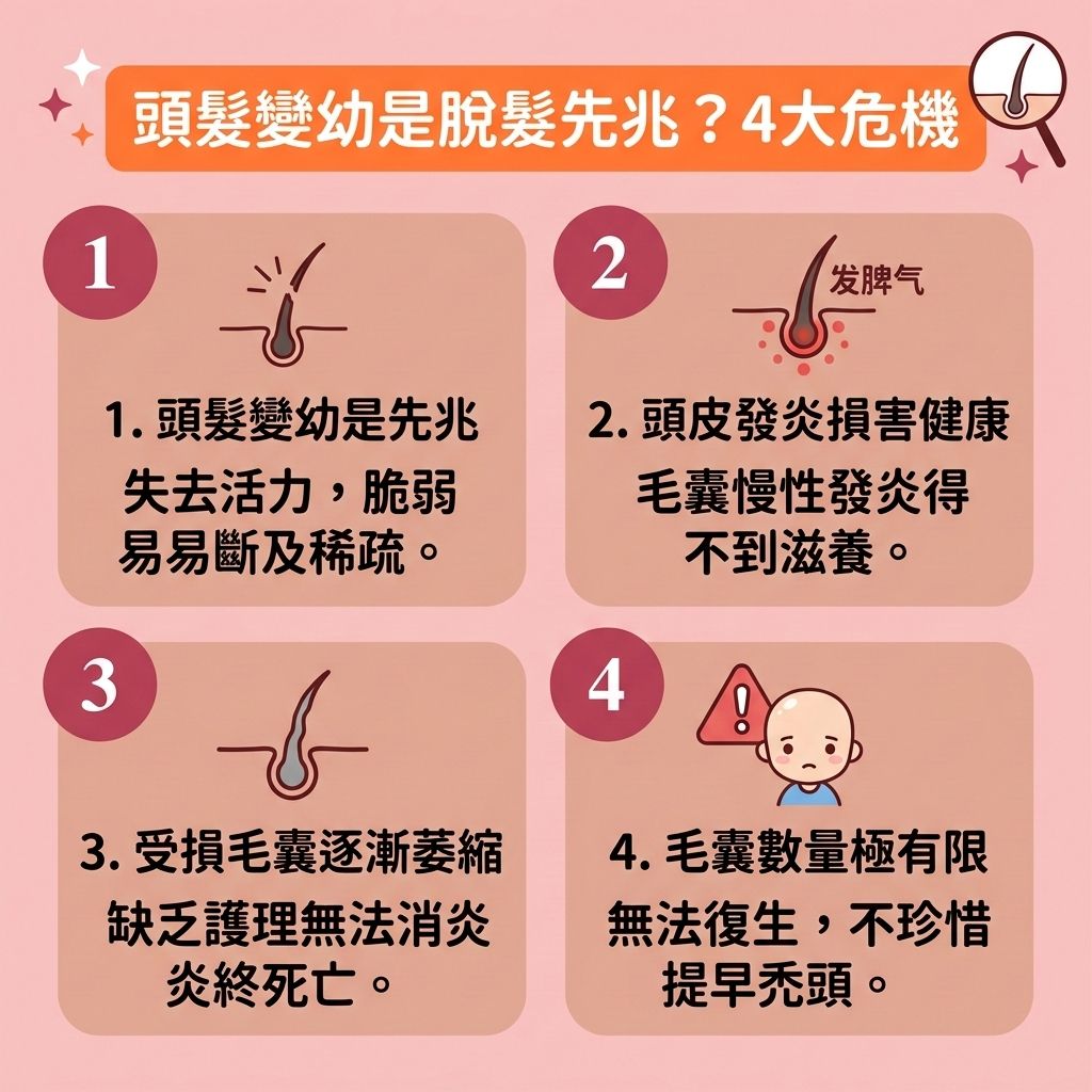 這是一張 1:1 正方形的可愛扁平化向量資訊圖表，採用台灣健康部落格風格，詳解【頭髮變幼成因】與【雄性禿初期特徵】。畫面中，【醫生】指出【頭髮】變幼與【髮質變差】是警號。圖表解析了當【遺傳】、【衰老】或【壓力】影響【荷爾蒙】，轉化出【雙氫睪酮】時，會攻擊【頭皮】的【毛囊】，加上【皮脂腺】異常，導致【頭發生長週期縮短】。

為了【預防脫髮方法】與【頭髮稀疏改善】，我們必須【調理頭皮環境】，進行【頭皮深層清潔】，並【舒緩頭皮壓力】。良好的【血液循環】能【促進頭皮血液循環】，幫助輸送【營養】如【蛋白質】、【鐵質】與【鋅】，以【補充頭髮營養】。

圖中建議日常可挑選合適的【防脫髮洗頭水推薦】（優質【洗頭水】）與【育髮精華】及【生髮水】，幫助【強健脆弱髮根】、【增厚頭髮】並【增加頭髮濃密度】。若想【改善毛囊萎縮】，應尋求專業的【專業生髮療程】，這能有效【刺激毛囊再生】、【延長頭髮生長期】並調整正常的【生長週期】，進而【減少掉髮數量】，最終對抗【雄性禿】！